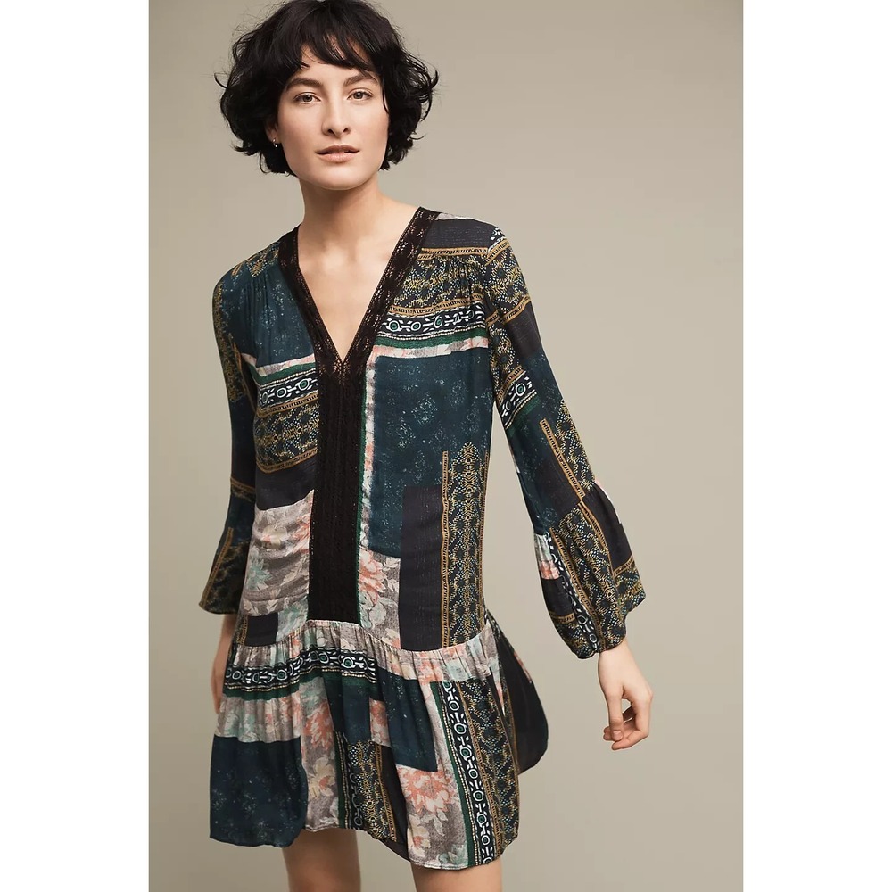 Anthropologie Maeve Women's Multi Patchwork Peasant Dress Size XS
